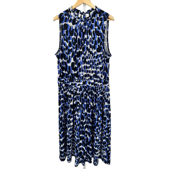 Leota Mindy Shirred Midi Dress Blue Black White Plus Size 1X Career Work - Picture 1 of 8